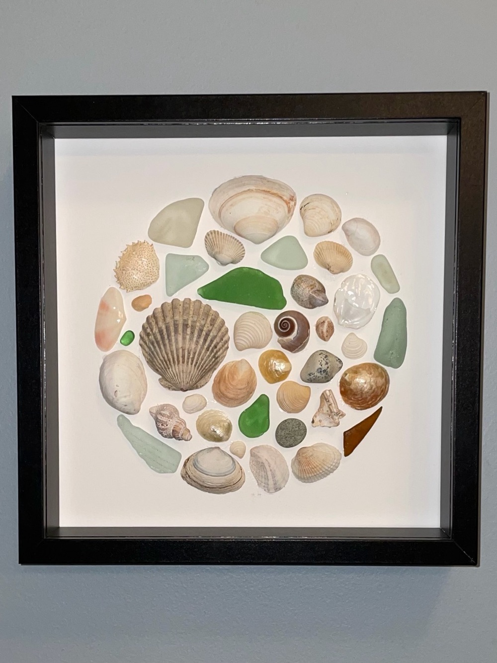 Framed Sea Glass and Shell Art - Green and Neutral Tones